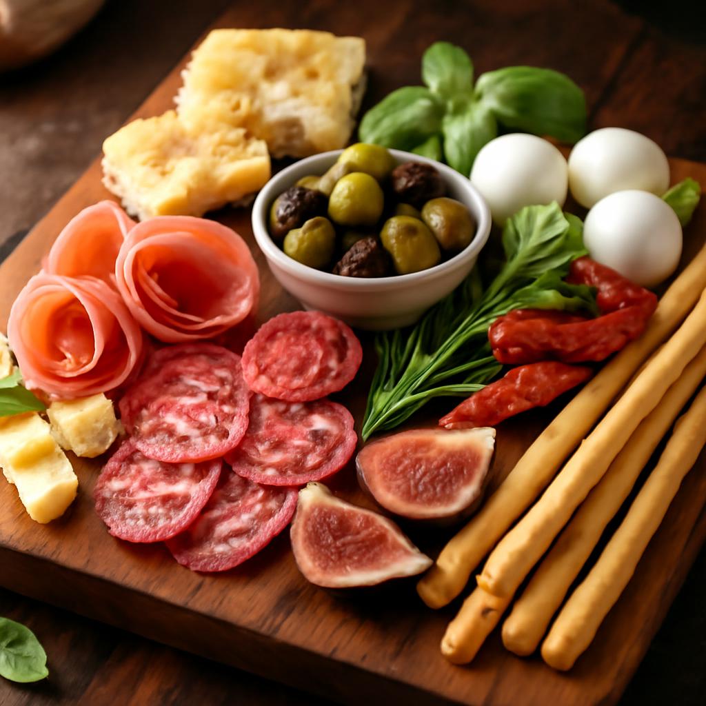 Antipasti mísa s prosciuttem, parmazánem, mozzarellou a olivami na dřevěném prkně
