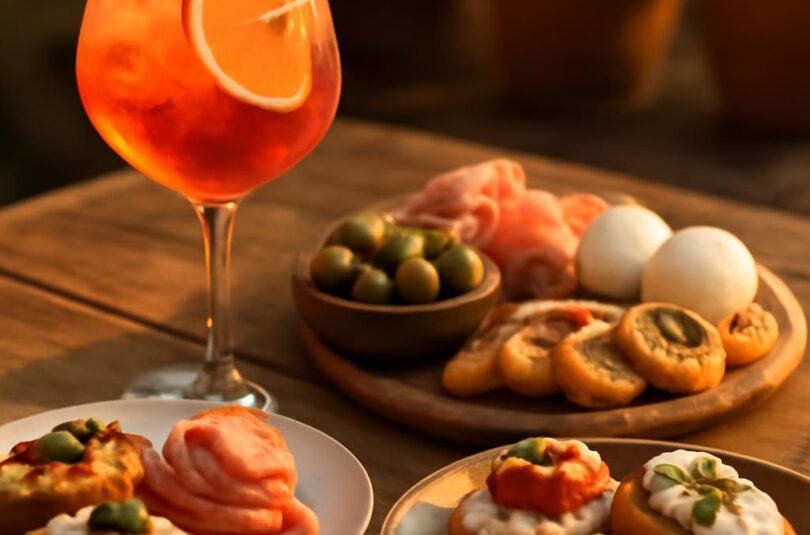Italské aperitivo prkno se Spritzem, crostini, olivami a sýrem