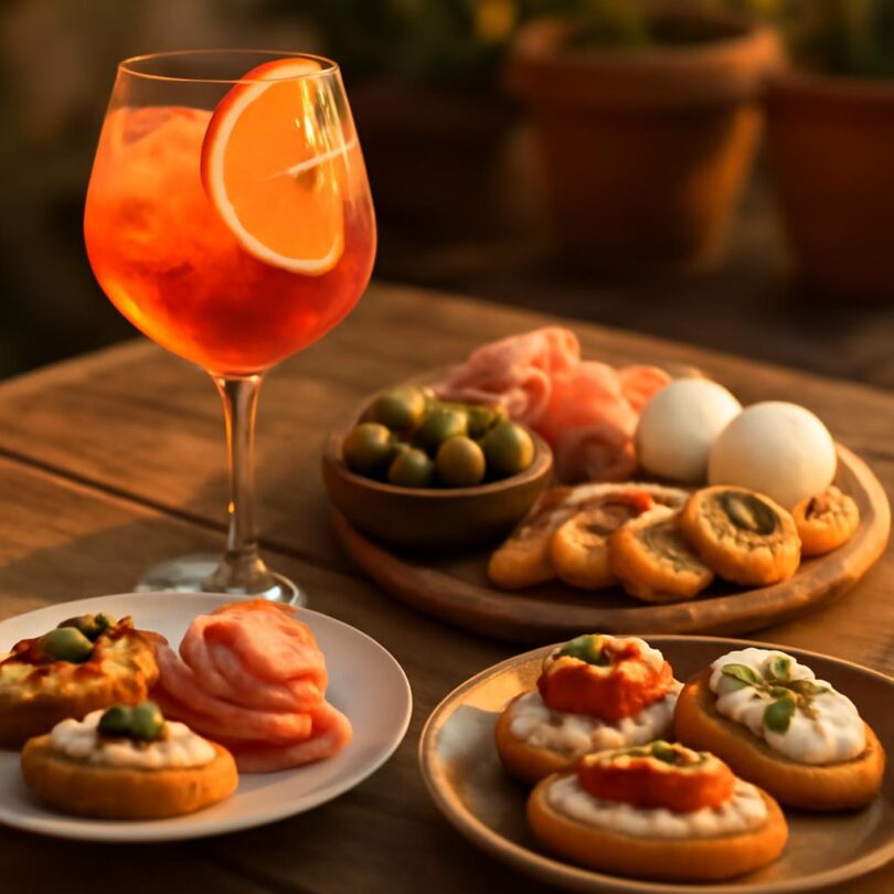Italské aperitivo prkno se Spritzem, crostini, olivami a sýrem