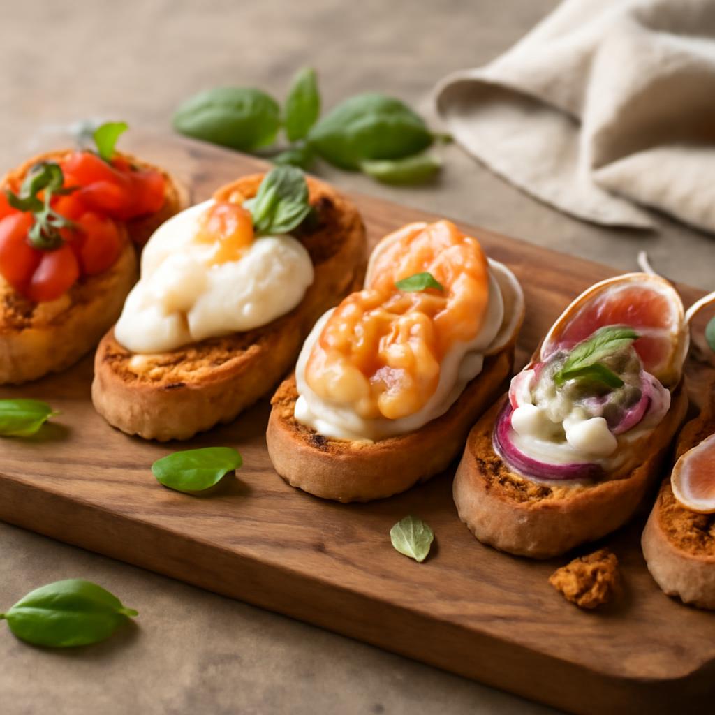 Pět letních variant bruschetty na dřevěném prkénku — rajčata, burrata, krevety, cibule Tropea, fíky