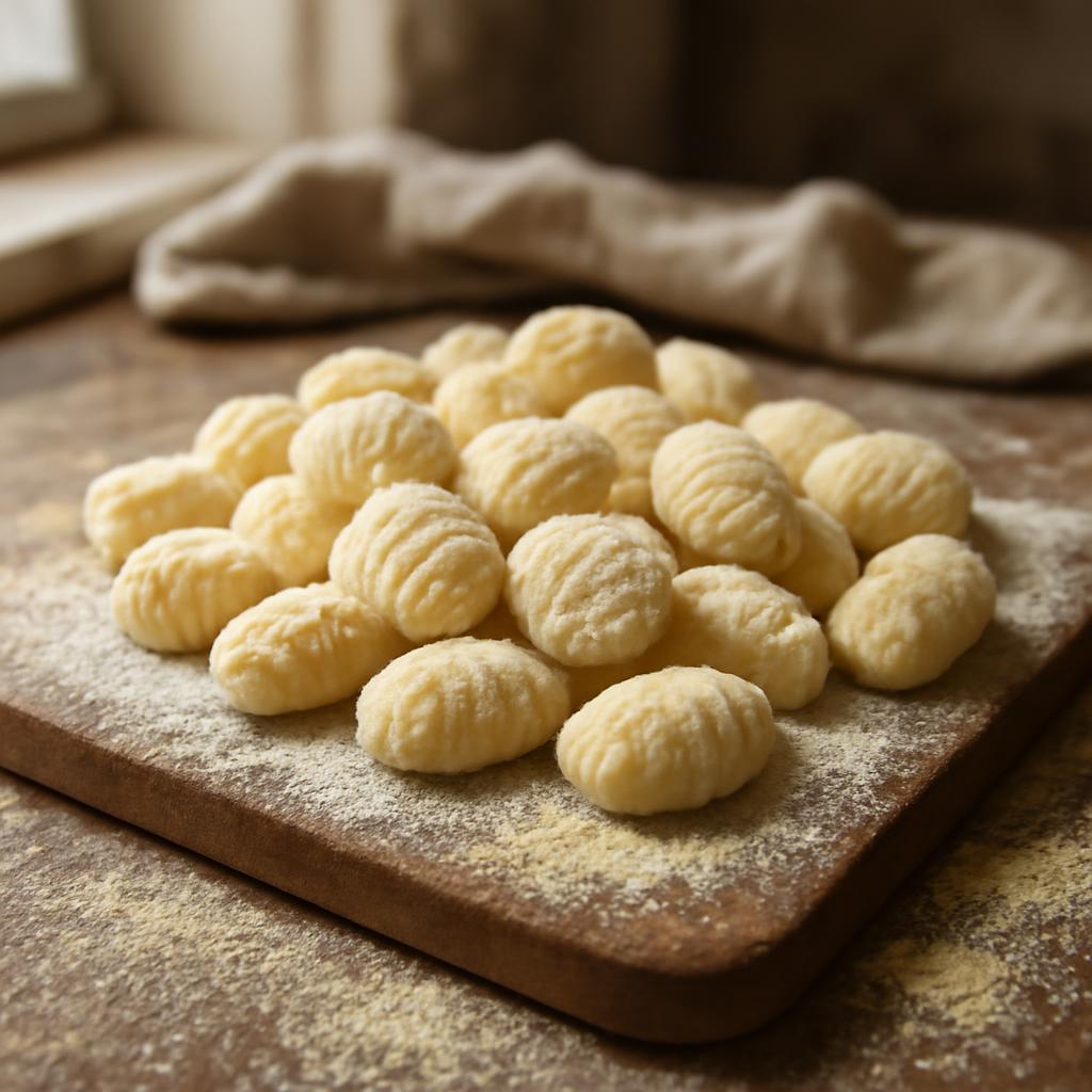 Domácí gnocchi na dřevěném prkně s vidličkovým rýhováním