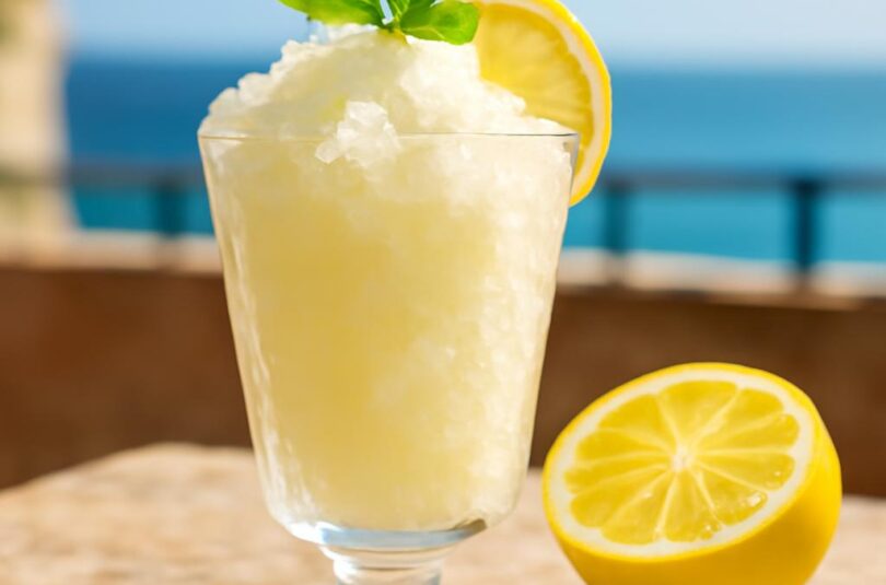 Granita siciliana - sicilská zmrzlina Sicilská citronová granita ve vysoké sklenici s mátou a plátkem citronu