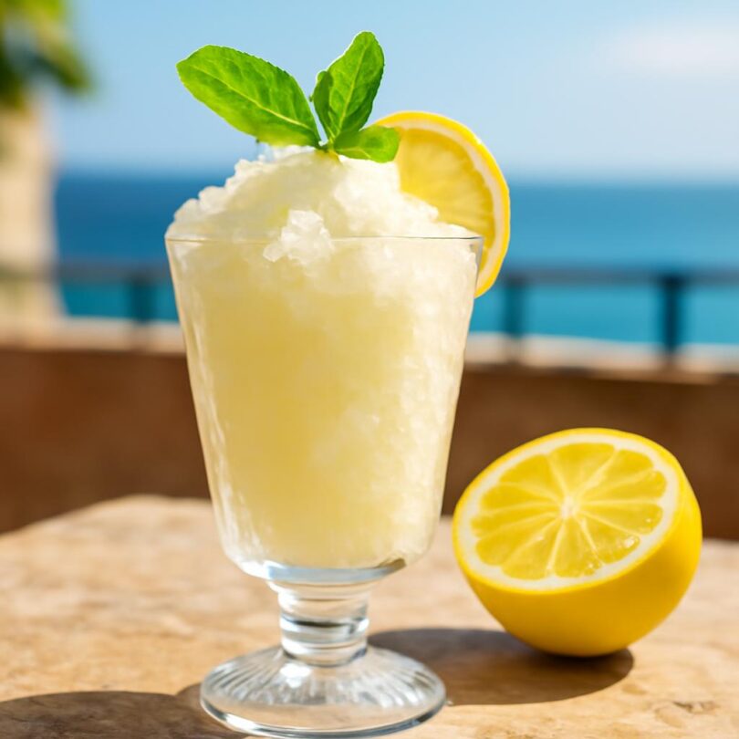 Granita siciliana - sicilská zmrzlina Sicilská citronová granita ve vysoké sklenici s mátou a plátkem citronu