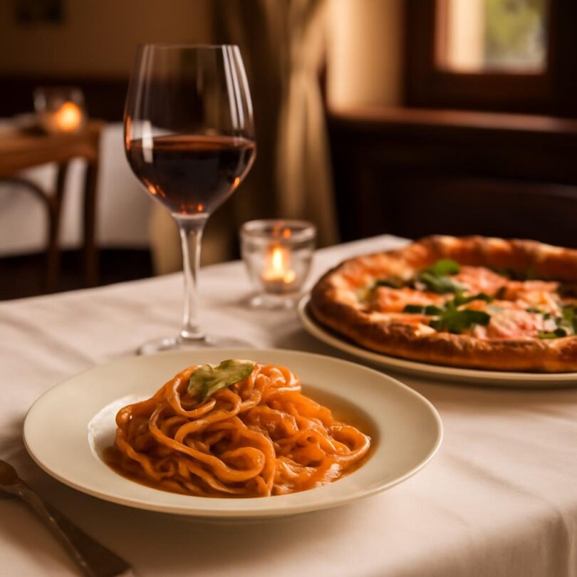 Prostřený stůl v italské restauraci v Praze s čerstvými těstovinami a pizzou