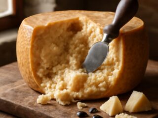 Pravý Parmigiano Reggiano s tradičním mandlovým nožem
