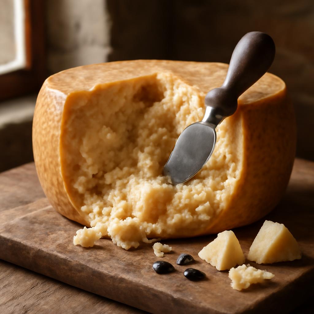 Pravý Parmigiano Reggiano s tradičním mandlovým nožem