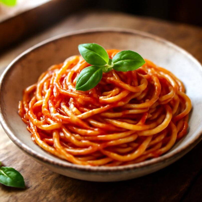 Talíř špaget pasta al pomodoro s rajčatovou omáčkou a čerstvou bazalkou