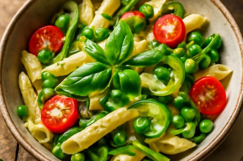 Pasta primavera s jarní zeleninou v rustikální italské míse
