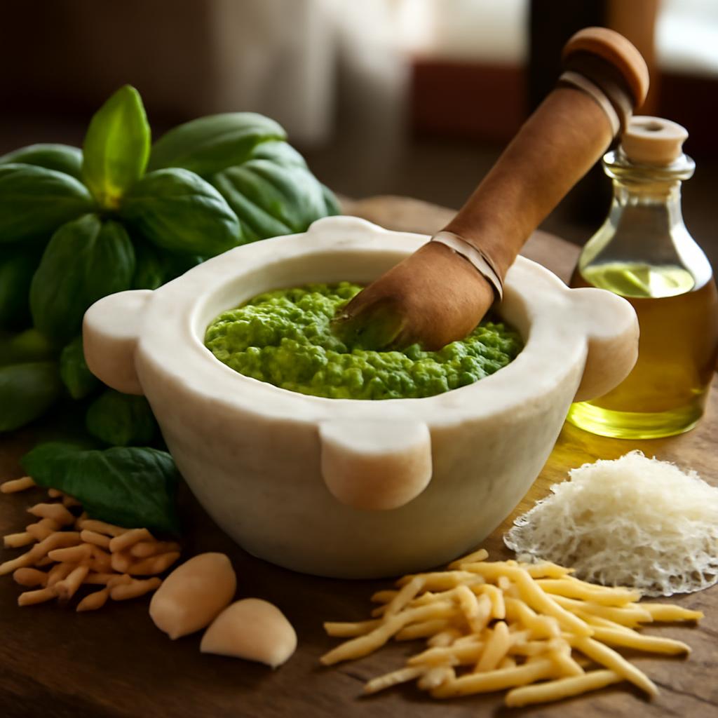 Pesto alla genovese v mramorovém hmoždíři s čerstvou bazalkou a piniovými oříšky
