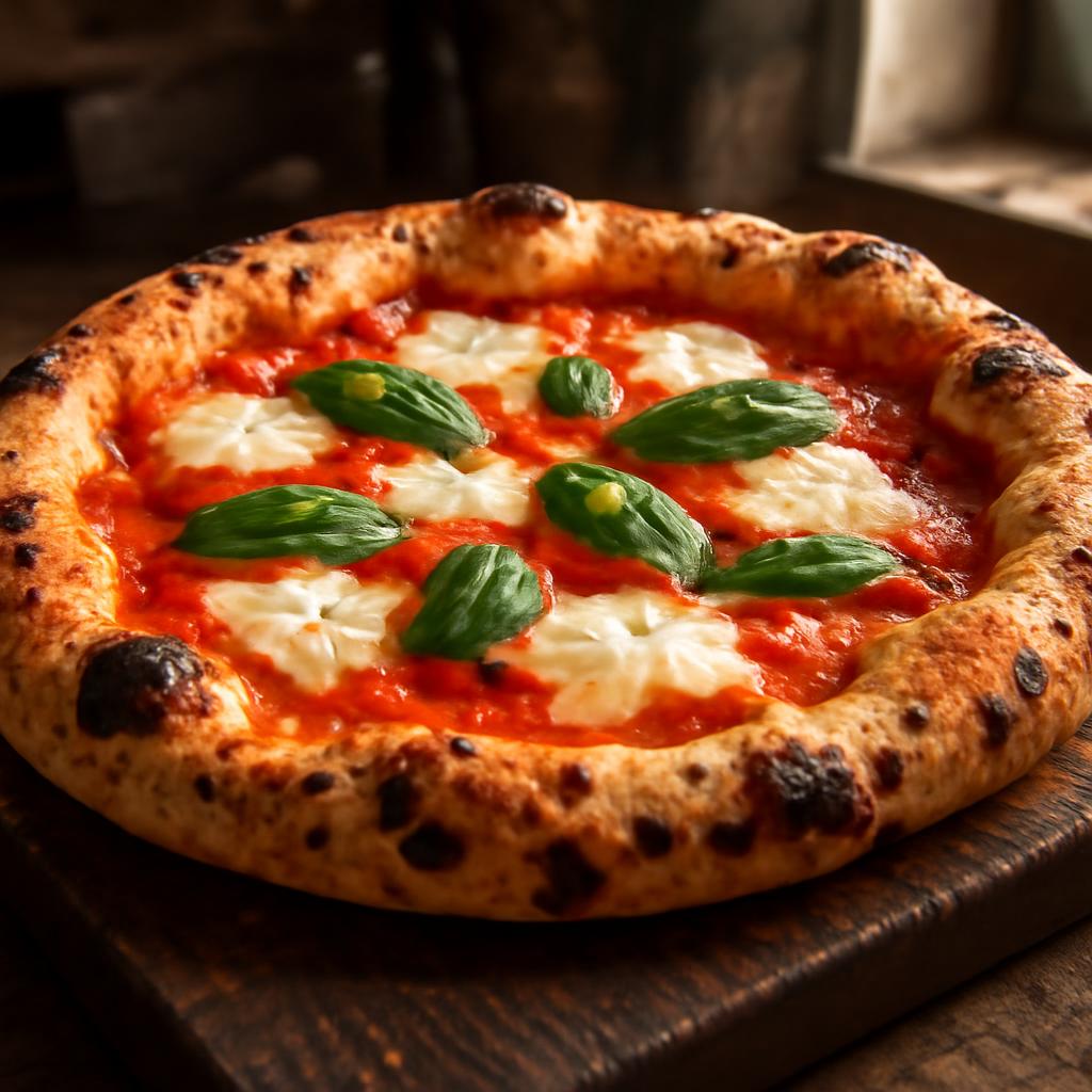 Pravá pizza Margherita upečená doma s rajčaty San Marzano, mozzarellou a čerstvou bazalkou