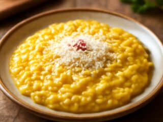 Risotto alla Milanese se šafránem na rustikálním talíři, posypané parmezánem
