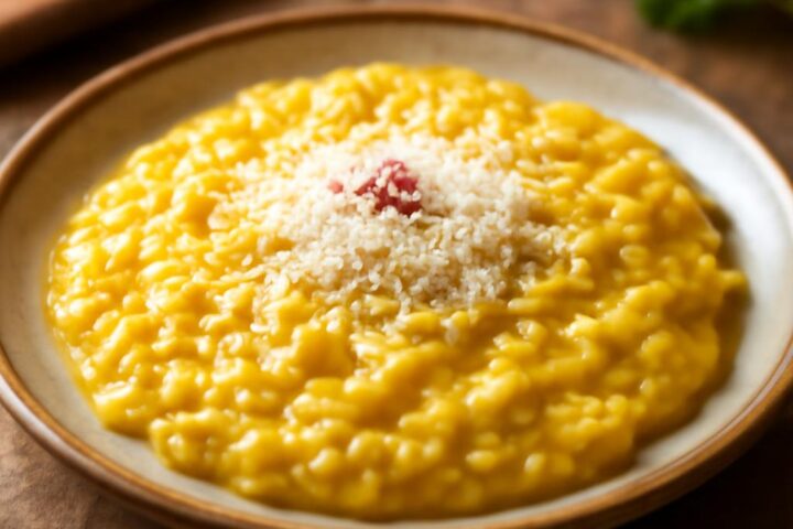 Risotto alla Milanese se šafránem na rustikálním talíři, posypané parmezánem