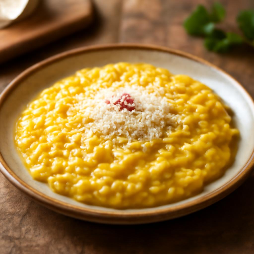 Risotto alla Milanese se šafránem na rustikálním talíři, posypané parmezánem