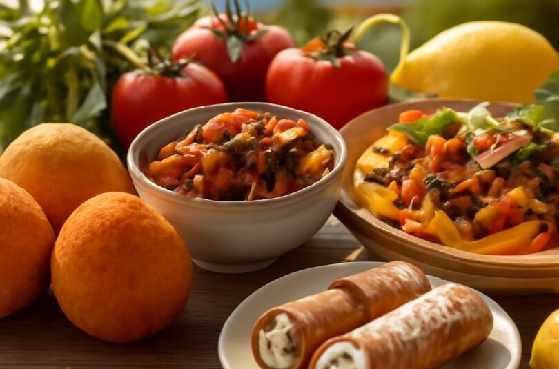 Tradiční sicilská jídla na rustikálním stole – arancini, caponata, cannoli a pasta alla norma