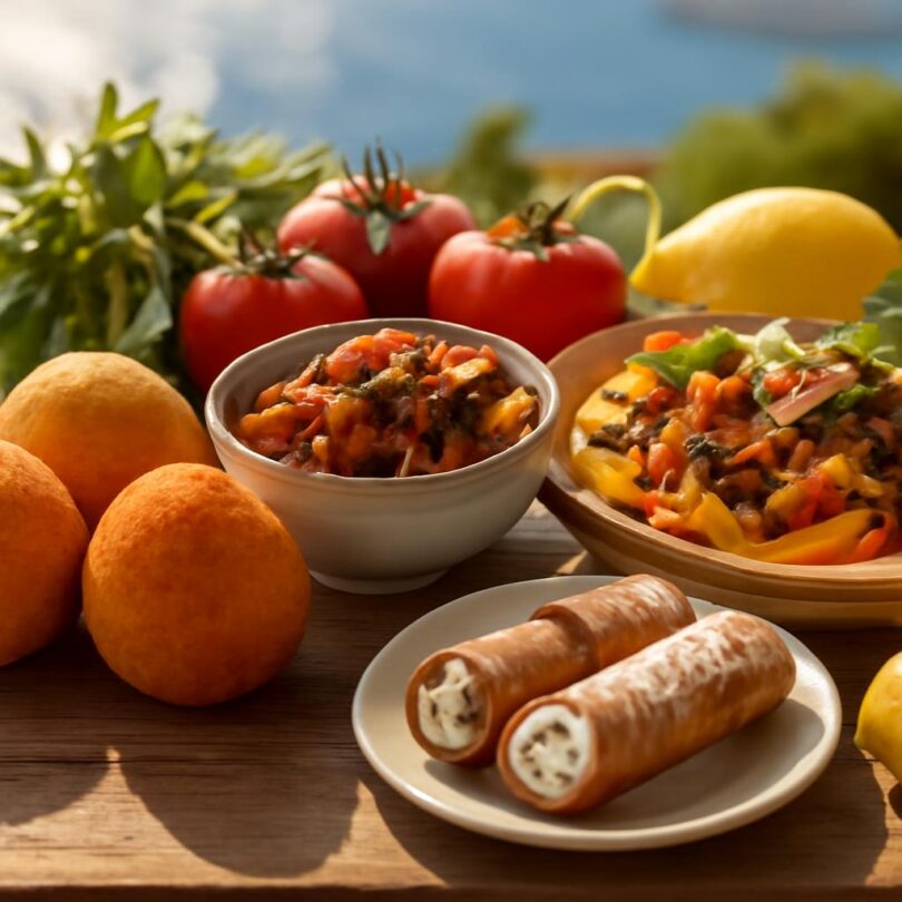 sicilska-kuchyne-7-jidel Tradiční sicilská jídla na rustikálním stole – arancini, caponata, cannoli a pasta alla norma