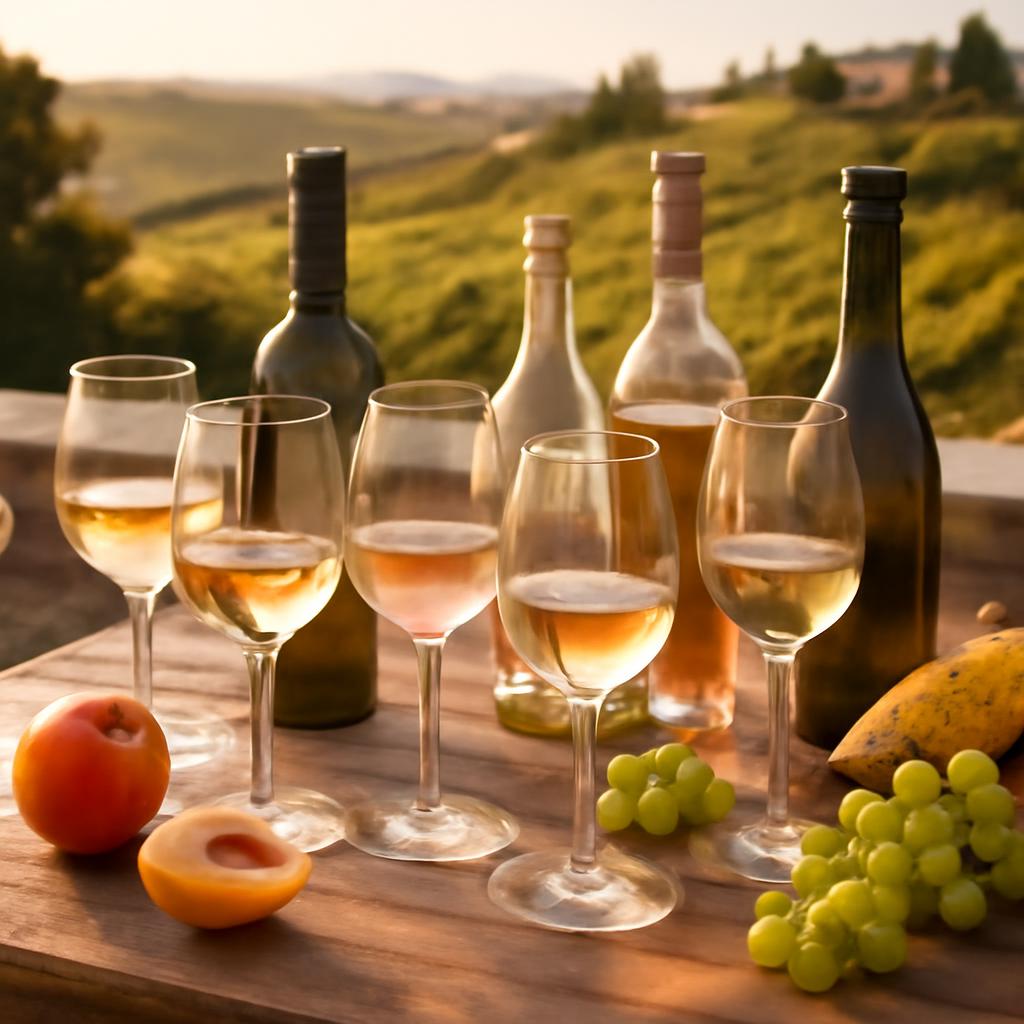 Top 10 italských vín na léto 2026 - prosecco, bílá vína a rosé na rustikálním stole v Toskánsku