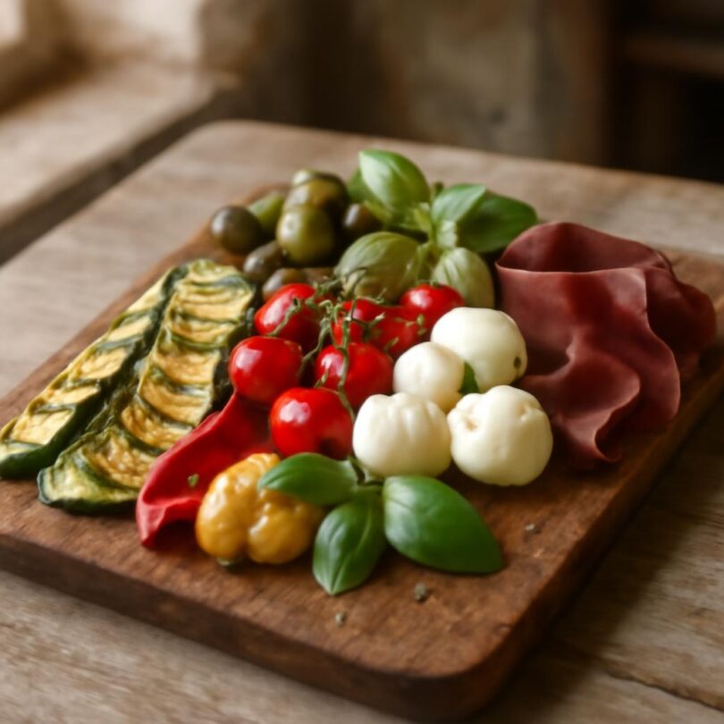 antipasti-light Lehké italské antipasti light – grilovaná zelenina, mozzarella, rajčata a olivy na dřevěném prkénku