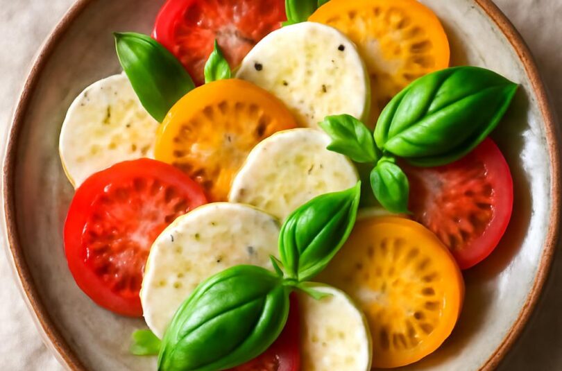 Salát caprese s rajčaty, mozzarellou a bazalkou na talíři