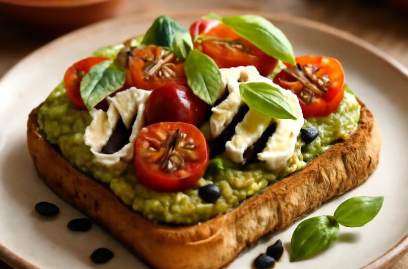 Caprese toast s avokádem, rajčaty, mozzarellou a bazalkou na lehkou snídani