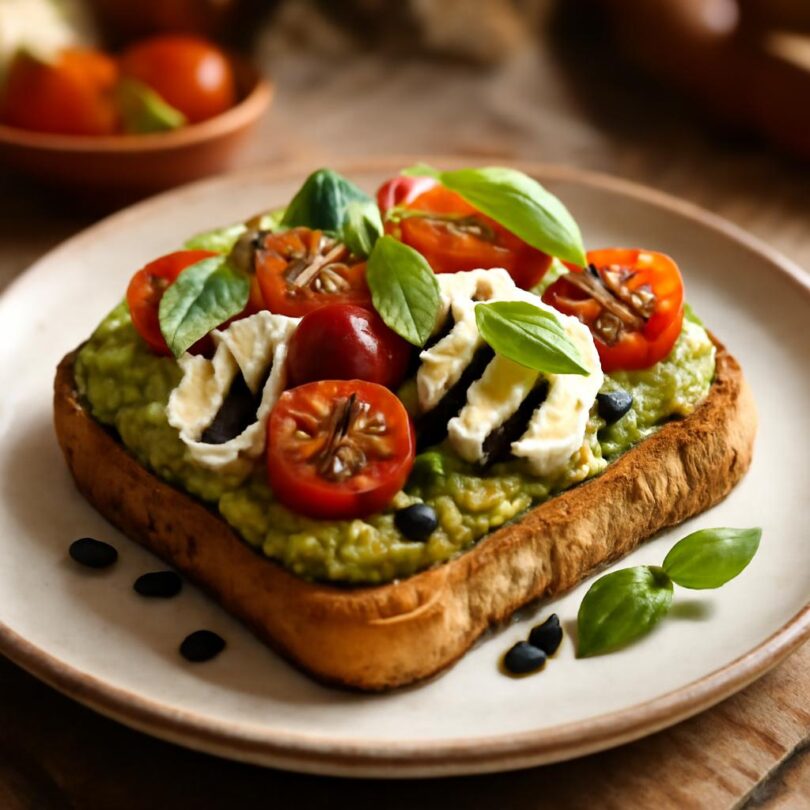Caprese toast s avokádem, rajčaty, mozzarellou a bazalkou na lehkou snídani