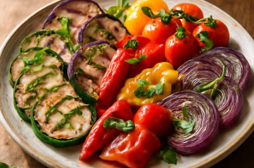 grilovana-zelenina-po-italsku Grilovaná zelenina po italsku na keramickém talíři s olivovým olejem a bazalkou