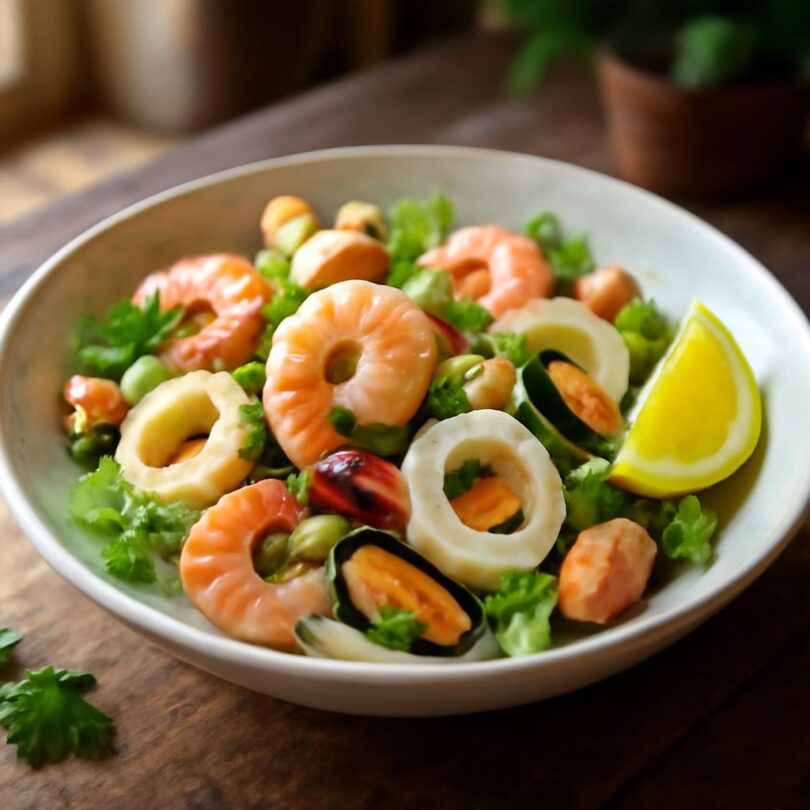 Insalata di mare – lehký italský salát z mořských plodů s krevetami, kalamáry a mušlemi