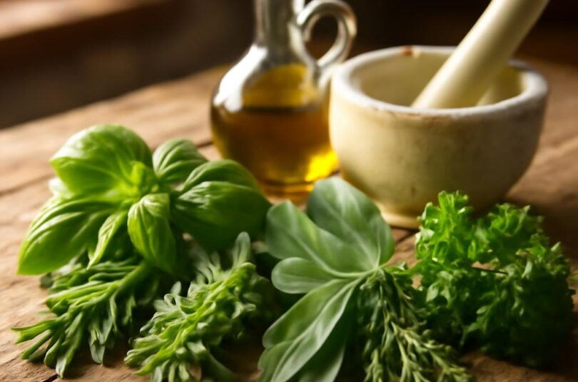 Čerstvé italské bylinky na kuchyňském stole – bazalka, rozmarýn, oregano a šalvěj