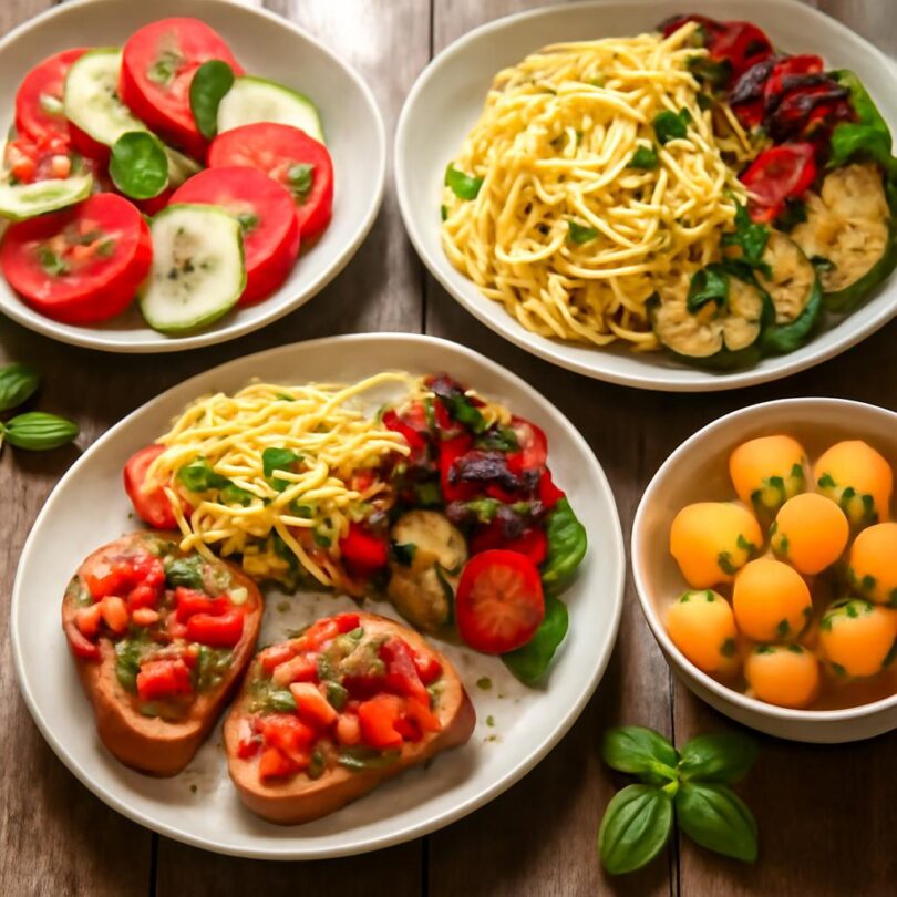 Lehká letní italská jídla – caprese, lehké těstoviny a grilovaná zelenina na rustikálním stole