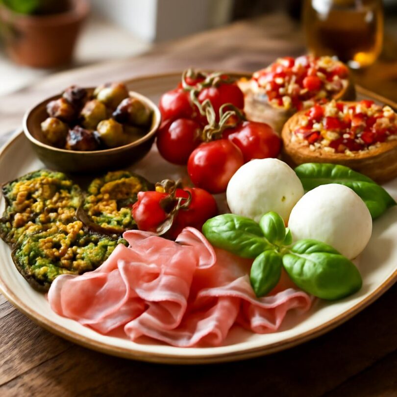 Letní antipasti pro hosty — barevný talíř lehkých italských předkrmů
