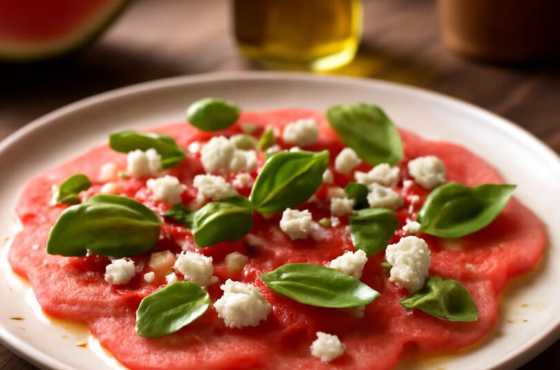 Melounové carpaccio s fetou, bazalkou a olivovým olejem na bílém talíři