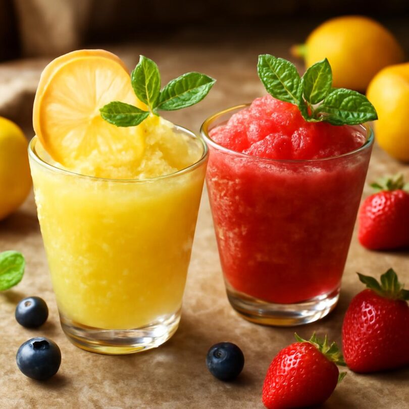 Ovocná granita – osvěžující sicilský ledový dezert ve vychlazených sklenicích s mátou a citronem