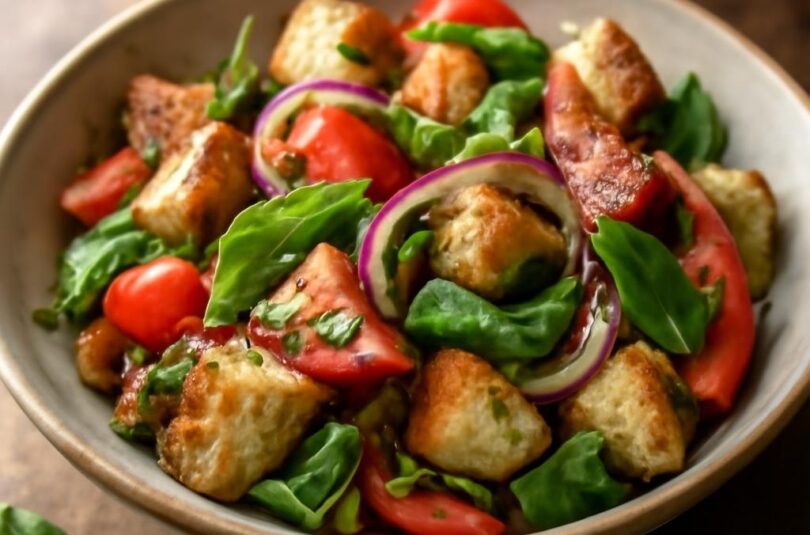 Toskánský chlebový salát panzanella s rajčaty, okurkou a bazalkou v keramické míse