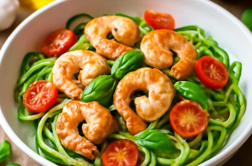Zoodles s krevetami a cherry rajčaty — lehké cuketové špagety s mořskými plody