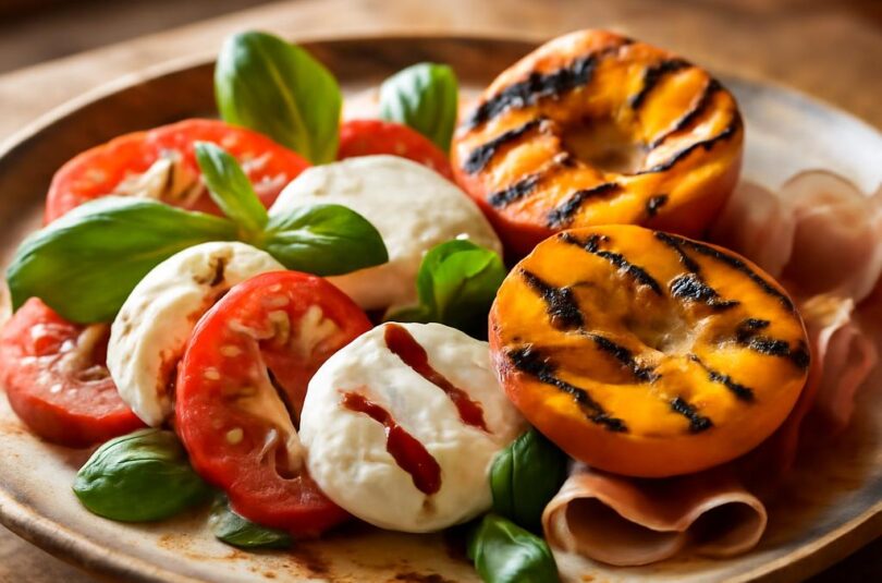 caprese-grilovana-broskev-prosciutto Caprese s grilovanou broskví, mozzarellou a prosciuttem na rustikálním talíři