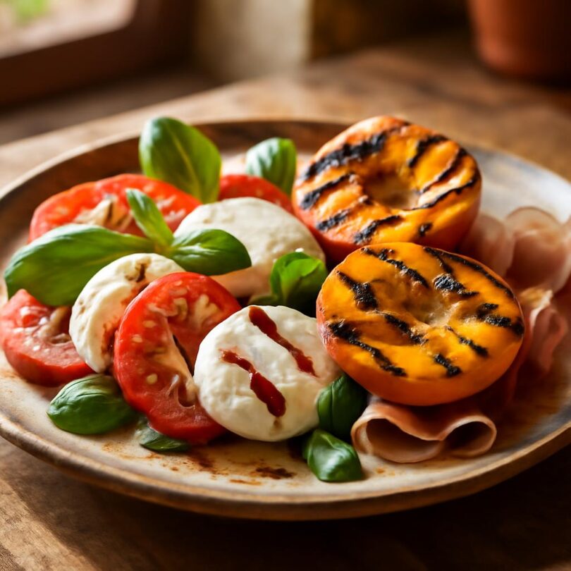 Caprese s grilovanou broskví, mozzarellou a prosciuttem na rustikálním talíři
