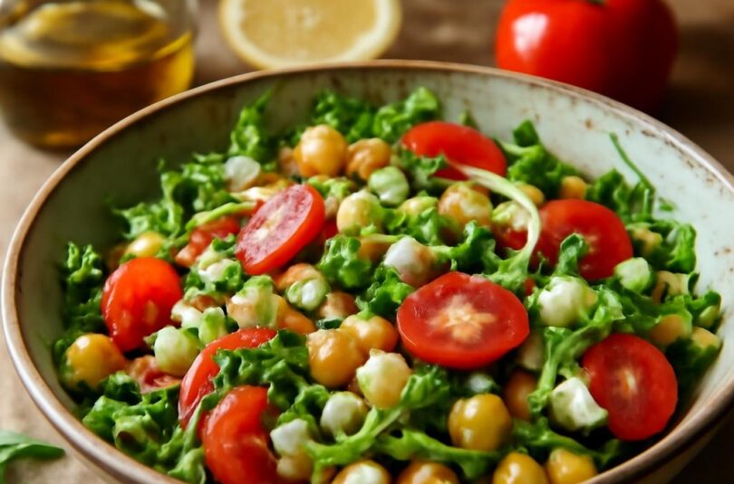 cizrnovy-salat-rajcata-rukola Cizrnový salát s cherry rajčaty, rukolou a fetou v keramické míse
