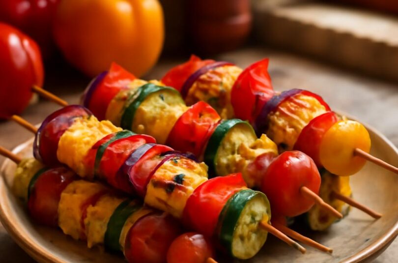 Grilované špízy se zeleninou a halloumi Grilované zeleninové špízy s halloumi, paprikou, cuketou a cherry rajčaty