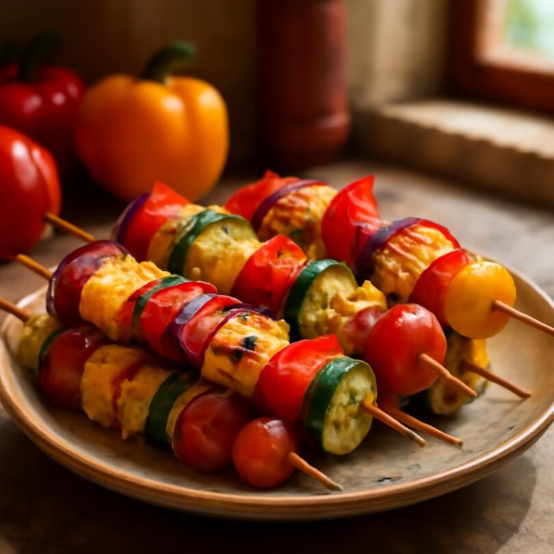 Grilované špízy se zeleninou a halloumi Grilované zeleninové špízy s halloumi, paprikou, cuketou a cherry rajčaty