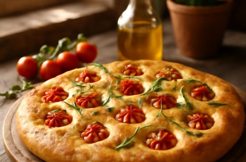 letni-focaccia-rajcata-rozmaryn Letní focaccia s cherry rajčaty a rozmarýnem na dřevěném prkénku