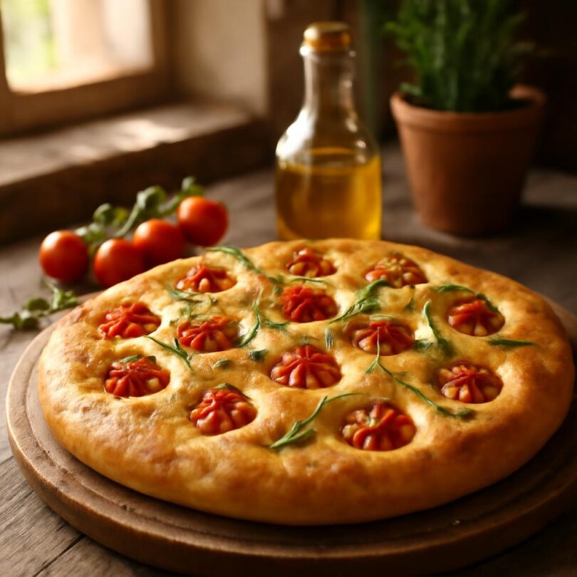 letni-focaccia-rajcata-rozmaryn Letní focaccia s cherry rajčaty a rozmarýnem na dřevěném prkénku