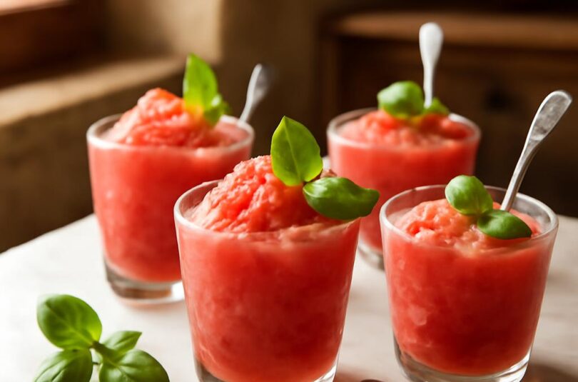 melounova-granita-s-bazalkou Melounová granita s bazalkou ve vychlazených sklenicích