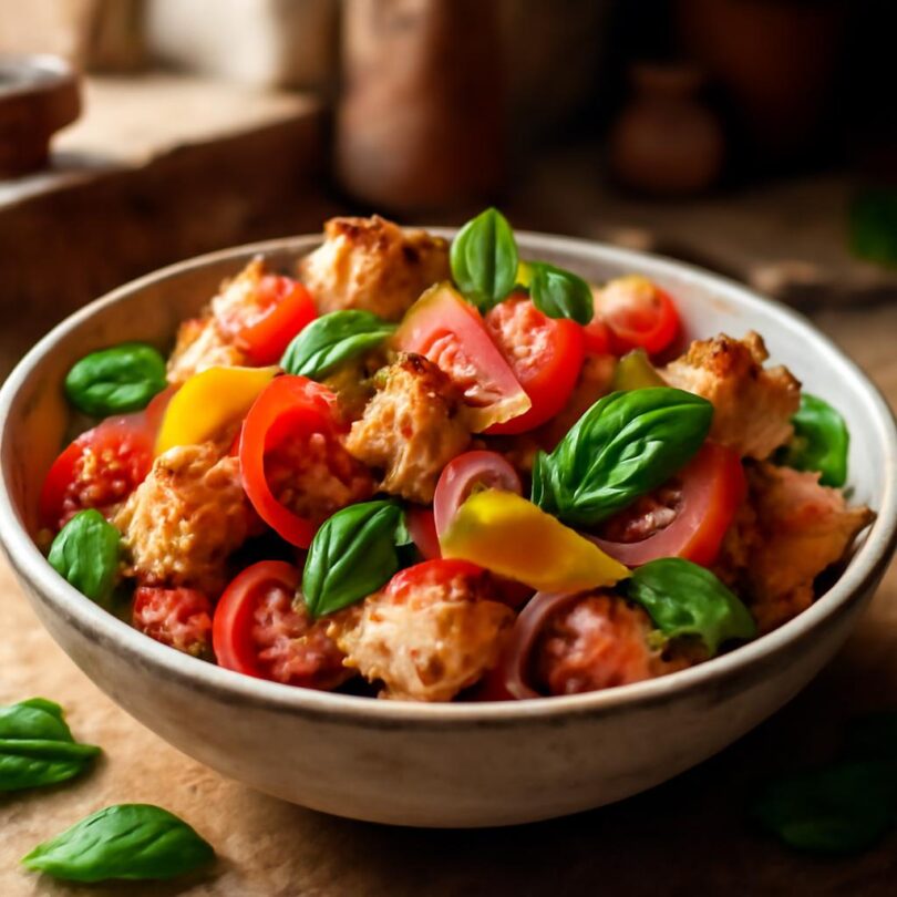 panzanella-grilovana-paprika Panzanella s grilovanou paprikou, rajčaty a bazalkou v keramické míse