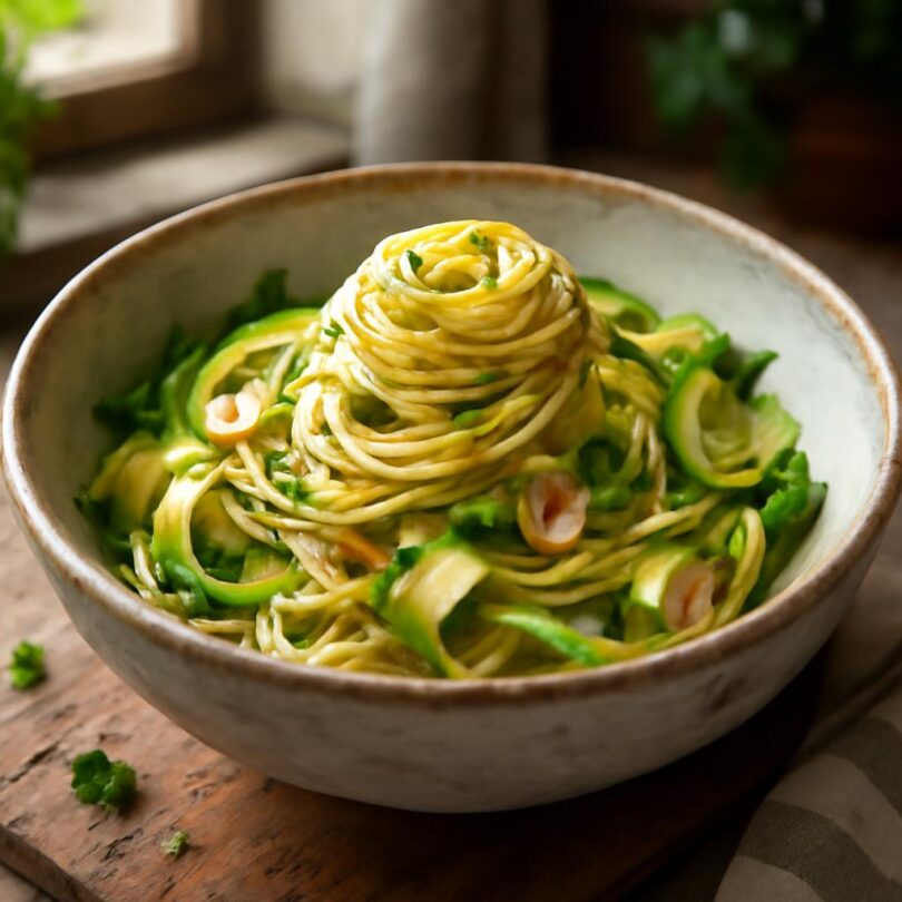spagety-aglio-e-olio-s-cuketou Špagety aglio e olio s cuketovými nudlemi a česnekem v misce