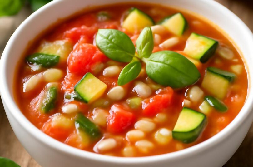 Studená minestrone na horké dny Studená minestrone s letní zeleninou, fazolemi a čerstvou bazalkou
