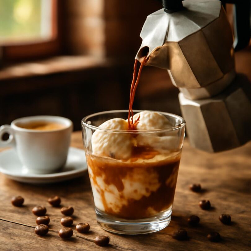 Affogato: ledová káva s domácí zmrzlinou Affogato – vanilková zmrzlina ve skleničce přelitá horkým espressem