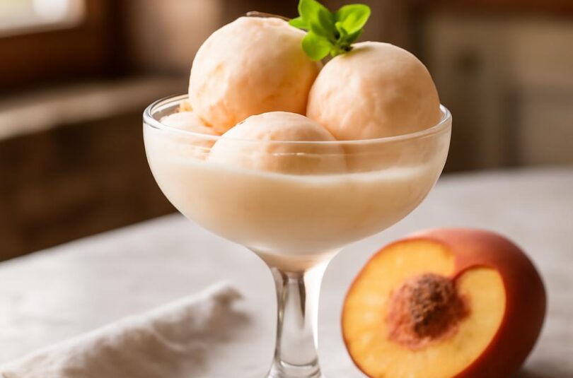 Broskvový sorbet bez zmrzlinovače Broskvový sorbet bez zmrzlinovače ve vychlazené sklenici s čerstvými broskvemi a mátou