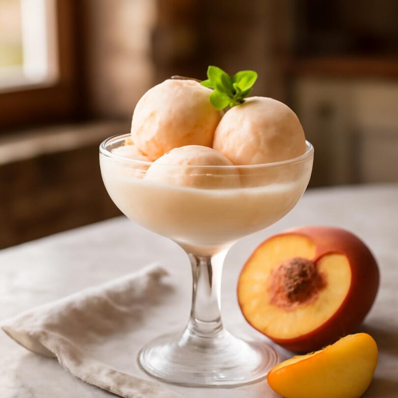 Broskvový sorbet bez zmrzlinovače Broskvový sorbet bez zmrzlinovače ve vychlazené sklenici s čerstvými broskvemi a mátou