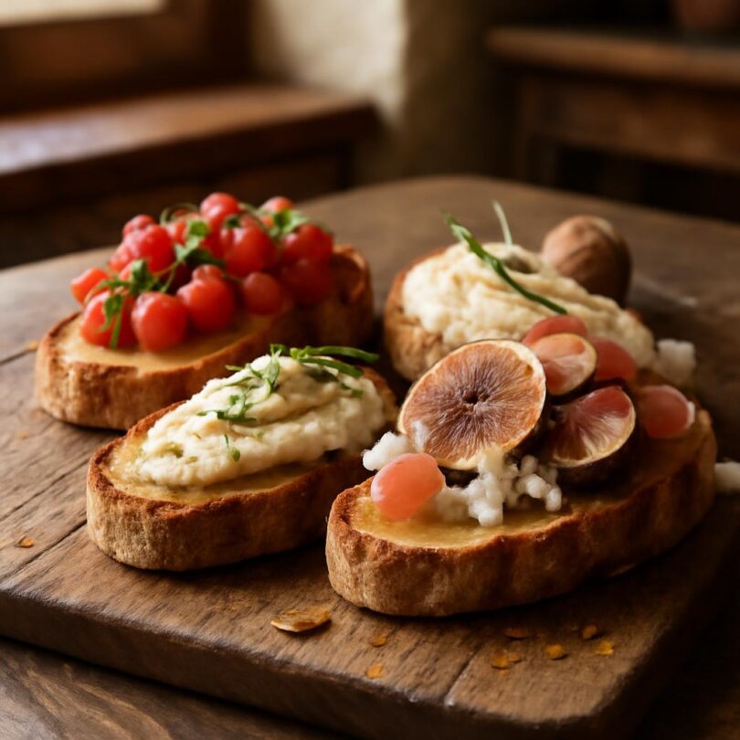 Bruschetta třemi způsoby – s rajčaty, s bílými fazolemi a s fíky a prosciuttem