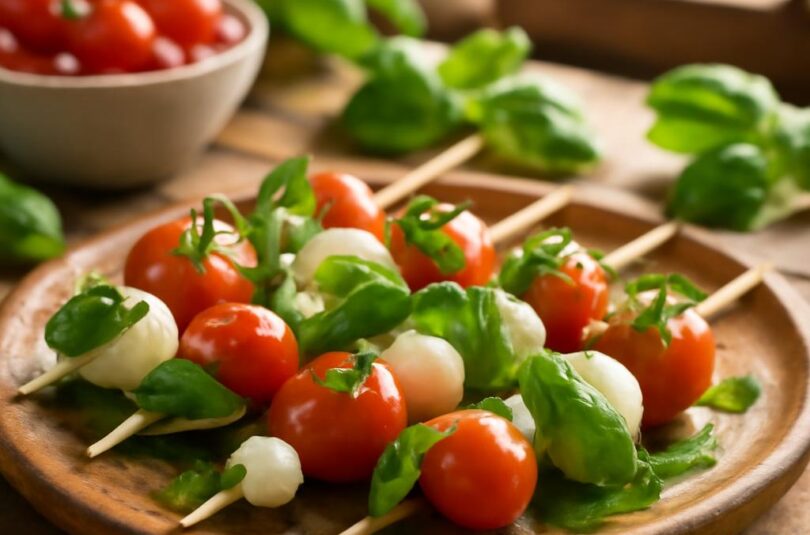 Caprese špízy s pestem, cherry rajčaty, mozzarellou a bazalkou na dřevěném prkénku