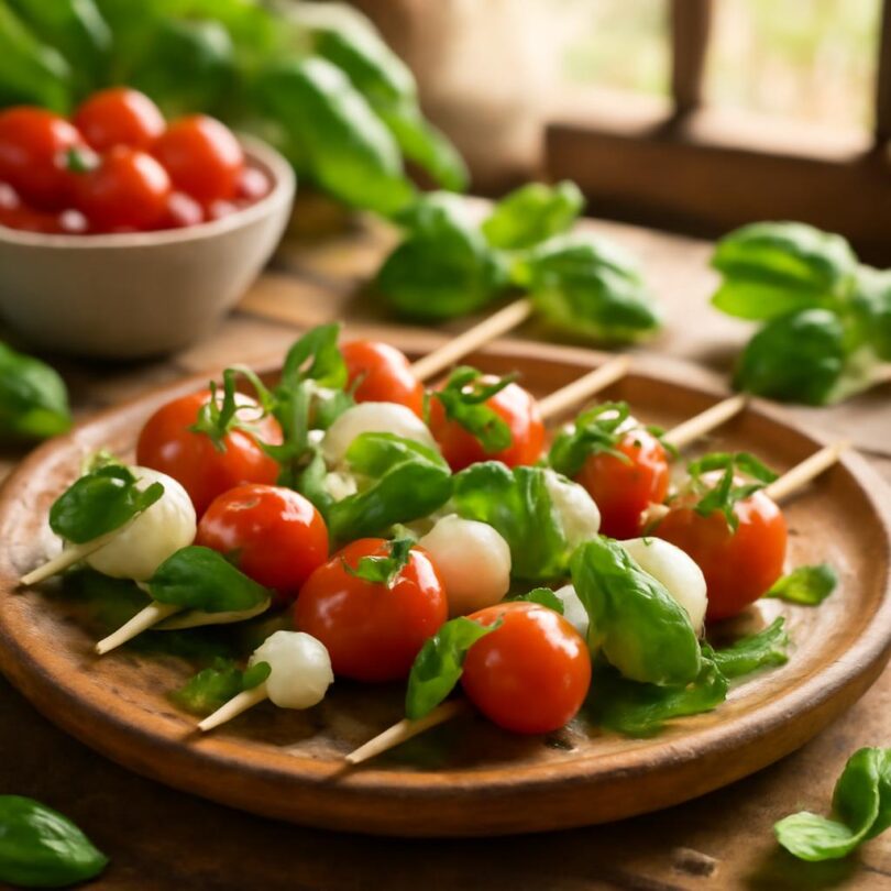 Caprese špízy s pestem, cherry rajčaty, mozzarellou a bazalkou na dřevěném prkénku